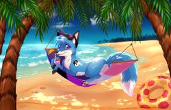 beach beverage blue_body blue_eyes blue_fur blue_hair canid canine dipstick_tail eyewear female feral fingerless_(marking) fox fur genitals hair hammock hi_res mammal markings pawpads pink_pawpads pussy rukifox seaside solo sunglasses tail_markings