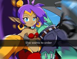 2girls blue_eyes bracelet circlet colored_skin datwondoude earrings english_text female female_only green_skin harem_pants he_wants_to_order highres hoop_earrings jewelry looking_at_viewer meme midriff multiple_girls pants ponytail purple_hair rottytops shantae shantae_(character) smooth_skin text