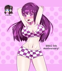 1girls arms_behind_head arms_up blush blush bra checkered_bra checkered_panties doki_doki_literature_club embarrassed female flustered hifunico707_(artist) looking_at_viewer panties purple_background purple_eyes purple_hair solo text yuri_(doki_doki_literature_club)