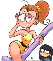 2girls black_hair blush brown_hair ducklips female flower hairtie keishi_kuraibe luan_loud maggie_(the_loud_house) rope small_breasts swimsuit the_loud_house thick_thighs yellow_swimsuit yellow_swimwear