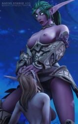 2girls 3d athletic_female blizzard_entertainment blue_eyes dominant_female elf elf_female female green_hair mawsworn nativestudio night_elf night_elf_priest nipples partially_nude priest_(warcraft) sex_toy strap-on strap-on_fellatio sucking sylvanas_windrunner tyrande_whisperwind warcraft world_of_warcraft yuri