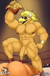 accipitrid accipitriform after_sex anthro avian balls bara beak big_penis bird black_sclera blonde_hair bodily_fluids cum cum_in_ass cum_inside duo elfein gay genital_fluids genitals hair hi_res huge_pecs humanoid male male/male mario_(series) nintendo nipples paper_mario penis rawk_hawk veiny_penis video_games yellow_body