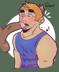 1boy 2boys blonde_hair blowjob brawl_stars brock_(brawl_stars) disembodied_penis gay grom_(brawl_stars) kisaxer! looking_at_penis male male/male male_focus male_only oral_sex penis tank_top tongue yaoi