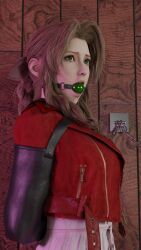 3d aerith_gainsborough armbinder ball_gag bondage bound brown_hair chain chained chains drool_string drooling female female_only femsub final_fantasy final_fantasy_vii final_fantasy_vii_remake fully_clothed gag gagged green_ball_gag green_eyes restrained rindekey slave