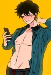 1boy absurd_res black_hair blush holding_phone hunter_(my_story_animated) jacket looking_at_phone male male_nipples male_only my_story_animated nipples ryota_suzui0 sanjouhayabusa shirtless simple_background smile teal_eyes yellow_background youtube