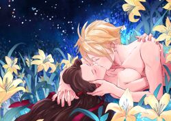 1boy 1boy1girl 1girls absurd_res aerith_gainsborough blonde_hair blue_background chest_to_chest closed_eyes cloud_strife embrace embracing embracing_each_other female final_fantasy final_fantasy_vii final_fantasy_vii_remake fingers_interlocked flower_field flowers hair_spread_out high_resolution holding_hands hugging implied_sex kissing long_hair lying_on_back lying_on_ground lying_on_person male male/female night nude nudity out_of_frame outdoor_nudity outdoor_sex outdoors outside outside_sex romantic yellow_flower