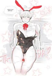 akoku alternate_costume ambush_(trap) blush bulge bunny_boy bunny_ears bunnysuit detached_collar english_text gintama gintoki_sakata looking_at_viewer male male_only male_playboy_bunny muscular_thighs neck_ribbon partially_colored restricted_palette scars sitting smile solo speech_bubble thick_thighs toned toned_male tongue_out wide_hips yakult