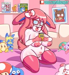 2022 anthro areola ass bed belly big_breasts big_butt birthmark blue_sclera blush boo_(mario) bow breasts clothing cosplay_pikachu crossover digital_media_(artwork) dragon_quest ears_down eevee eeveelution endless_fantasy_(mintyspirit) eyewear female fungus funko_pop! fur furniture game_boy_color game_boy_family gaming generation_1_pokemon generation_3_pokemon generation_6_pokemon genitals glasses hair happy heart inverted_nipples javisylveon_(mintyspirit) kirby_(series) large_breasts legwear mario_(series) markings metroid mintyspirit mushroom nintendo nipples open_mouth photo pikachu pink_areola pink_bed pink_hair pink_nipples pink_nose pink_stockings pivoted_ears playing_videogame plushie pokemon pokemon_(species) pussy red_eyewear red_glasses reflection slightly_chubby slime_(dragon_quest) smile solo square_enix stockings swirlix sylveon thick_thighs torchic toy video_games waddle_dee watermark white_body white_eyes white_fur wide_hips