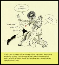 2girls defeated_superheroine embarrassed exposed_ass female female_only garden holding_object humiliation multiple_girls old_lady older_dom_younger_sub over_the_knee_spanking pants_down pulling_hair spanking superheroine teddy_bear