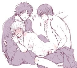 3boys anal anal_sex bishonen blush breath cling clinging clothed_male_nude_male colored_sketch gay gintama gintoki_sakata handjob handjob_while_penetrating leg_lift leg_up looking_at_another male male_only mmm_threesome monochrome nipple_pinch nipple_tweak nude_male on_side open_mouth sakamoto_tatsuma skinny sweat takasugi_shinsuke threesome topless_male yaoi yunfa