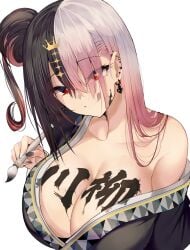 alternate_hairstyle armadillo-tokage big_breasts calligraphy_brush cleavage earrings gyaru heart-shaped_pupils highres huge_breasts kimono licking_lips looking_at_viewer multicolored_hair original piercing piercings red_eyes smile towa_(towa_akqj10) virtual_youtuber white_background writing_on_breasts writing_on_skin