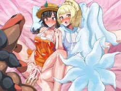 2boys 2girls 2pokemon alolan_ninetales animal_genitalia animal_penis anus ashikoshi_jakushi black_hair blonde_hair blush breast_grab censored cum cum_in_pussy cum_inside erection game_freak green_eyes hand_holding horse_penis horsecock interspecies lillie_(pokemon) long_hair mosaic_censoring mudsdale ninetales nintendo penetration penis pillow pokémon_(species) pokemon pokemon_(game) pokemon_sm pokephilia selene_(pokemon) sex spread_legs twin_braids vaginal_penetration vaginal_sex zoophilia