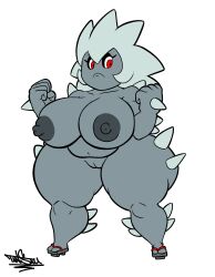 anthro areola big_breasts black_areola black_nipples black_pupils breasts clothing female fist footwear frown genitals grey_body hi_res huge_breasts huge_hips huge_thighs humanoid mario_(series) nintendo nipples nude pupils pussy red_eyes rule_63 sandals slightly_chubby solo tansau thick_thighs thwomp video_games white_background wide_hips