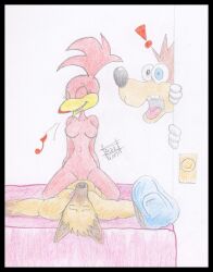 anthro avian backpack bag banjo-kazooie banjo_(banjo-kazooie) bear bedroom canid cowgirl_position dominant dominant_female female from_front_position graphite_(artwork) kazooie looking_pleasured male male/female mammal nude on_bottom on_top pencil_(artwork) pussy rareware reddragonkan sex surprised_expression traditional_media_(artwork) unknown_character ursid vaginal video_games