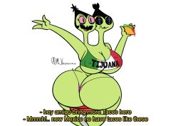 2_heads ass_cleavage big_ass big_breasts big_butt butt_crack clothed clothing conjoined fiosa_(kid_cosmic) green_body green_skin kid_cosmic_(series) micro_bikini mr_valentine00 multi_head netflix sitting sitting_on_chair text thick_ass thick_thighs topwear white_background