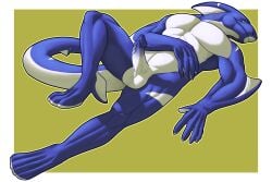 absurd_res anthro arm_fins arm_on_stomach balls blue_body blue_scales countershade_face countershade_feet countershade_hands countershade_neck countershade_tail countershade_torso countershading dahurgthedragon erection feet fin fish genitals green_background hand_on_ground hand_on_side head_fin hi_res humanoid_genitalia humanoid_penis leg_fins lying male male_only marine on_back one_leg_up penis raised_leg ridged_penis scales scalie shark simple_background smile solo stripes tenebrose white_body white_countershading white_scales white_stripes