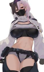 arknights armadillo-tokage aurora_(arknights) big_breasts cosplay curvy face_mask gyaru huge_breasts long_sleeves looking_at_viewer looking_down midriff midriff_baring_shirt multicolored_hair original piercing piercings red_eyes short_shorts shorts towa_(towa_akqj10) underboob virtual_youtuber