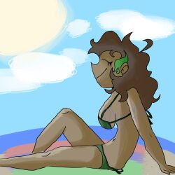 beach beach_towel breasts brown_hair dyed_hair eyelashes green_bikini green_bikini_bottom green_bikini_top green_hair hands hands_on_ground plintire_(artist) self_upload shoulders smiling tagme thighs