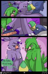 anthro avian bed bedroom_eyes bird breasts comic english_text female furniture genitals group hi_res kissing male male/female narrowed_eyes nude on_top page_26 parrot penis penis_grab pushing_down roxythefoxy seductive trio