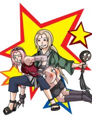 2girls archangemon bike_shorts embarrassed female female_only humiliation naruto naruto_(series) naruto_shippuden older_dom_younger_sub over_the_knee_spanking paddle pants_down punishment red_ass ripped_panties sakura_haruno sketch spanking teacher_and_student tsunade