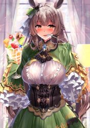 animal_ears blush bra_visible_through_clothes braid breasts brown_eyes brown_hair buttons cherry curtains dress female food frilled_sleeves frills fruit green_dress highres horse_ears horse_girl kawai_(purplrpouni) kiwi_(fruit) kiwi_slice large_breasts long_hair looking_at_viewer open_mouth parfait pineapple satono_diamond_(umamusume) sleeves_past_fingers sleeves_past_wrists solo spoon tongue tongue_out umamusume upper_body utensil_in_mouth wide_sleeves window