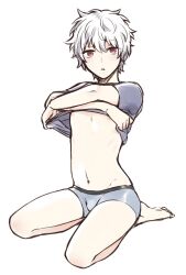 aged_down barefoot bishonen blush bulge femboy full_body gintama gintoki_sakata looking_at_viewer male male_only pale-skinned_male pale_skin red_eyes shirt_lift sitting solo twink underwear undressing white_hair yunfa