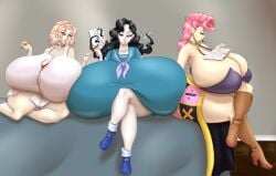 3girls bed big_breasts black_hair blues64 breasts breasts_bigger_than_head diamond_is_unbreakable female female_only gigantic_breasts huge_breasts hyper hyper_breasts jojo's_bizarre_adventure large_breasts love_deluxe marauder6272 pink_hair sugimoto_reimi thick trish_una unrealistic_proportions vento_aureo wide_hips yamagishi_yukako