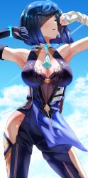 1girls armpits beauty_mark blue_hair blue_sky breasts cleavage clothed female genshin_impact green_eyes hair_over_one_eye hips huge_breasts light-skinned_female light_skin mole_on_breast outdoors short_hair slim_waist thick_thighs thighs uenoryoma wide_hips yelan_(genshin_impact)