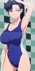 1girls arm_above_head armpits big_breasts black_hair blue_eyes breasts busty covered_navel female female_only forehead large_breasts legs one-piece_swimsuit ponytail pose posing screencap sensual shuumatsu_no_harem smile stitched swimsuit thighs toudou_akira_(shuumatsu_no_harem)