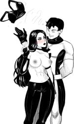 1boy 1boy1girl 1girls abs athletic athletic_female big_breasts black_and_white black_hair black_lipstick blush breasts busty clothed_male commission commissioner_upload couple exposed_breasts female gloves hellion_(x-men) julian_keller kraujas laura_kinney male marvel marvel_comics mutant new_x-men pierced_nipples smile telekinesis toned_female wolverine_(x-23) x-23 x-men