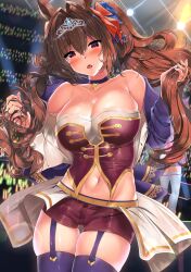 animal_ears bangs blue_thighhighs blush breasts brown_hair daiwa_scarlet_(umamusume) female garter_straps hair_intakes highres horse_ears horse_girl horse_tail kawai_(purplrpouni) large_breasts long_hair looking_at_viewer red_eyes starting_future_(umamusume) tail thighhighs thighs twintails umamusume very_long_hair