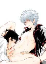 2boys black_hair blowjob bottomless closed_eyes drooling erection fellatio gay gintama gintoki_sakata hair_grab hand_on_another's_head head_grab hi_res hijikata_toshiro holding_penis licking_penis looking_at_another male male_only open_shirt oral partially_clothed penis popped_collar praton0904 silver_hair spread_legs sweat uncensored very_high_resolution yaoi