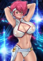 arm_up armpits bare_shoulders breasts brown_eyes cleavage cleavage_cutout clothing_cutout covered_erect_nipples crop_top dirty_pair earrings female female_focus gloves groin headband jewelry kei_(dirty_pair) large_breasts looking_at_viewer medium_hair navel nipples open_mouth oyaman red_hair see-through short_shorts shorts sleeveless solo standing tagme thighs