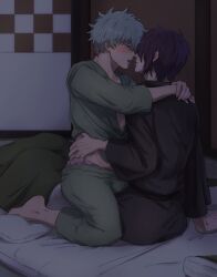 2boys blush bulge detailed_background embrace erection_under_clothes foreplay french_kiss futon gay gintama gintoki_sakata hand_on_hip imminent_sex indoors japanese_clothes kimono looking_at_another male male_only official_alternate_costume on_bed open_mouth pajamas purple_hair saliva_trail shouji silver_hair sitting_on_lap sitting_on_person straddling sweat takasugi_shinsuke yaoi