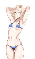 armpits arms_behind_head ass_visible_through_thighs ayakumo bangs bikini blonde_hair blue_bikini blue_eyes breasts cowboy_shot female highres janus_(kantai_collection) kantai_collection parted_bangs short_hair simple_background small_breasts smile solo swimsuit white_background