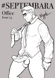 black_and_white boner bottomless english_text erect_penis erection hard_on looking_at_viewer male male_only muscles muscular muscular_male office septembara sketch tie uncolored veiny_penis xlyph