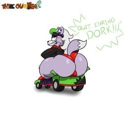 angry big_ass big_breasts big_butt crush digital_drawing_(artwork) digital_media_(artwork) ear_piercing earrings eyelashes five_nights_at_freddy's five_nights_at_freddy's:_security_breach fnaf furry kart larger_female leather_jacket lips lipstick long_hair panties pussy_bulge pussy_lips racing_suit roxanne_wolf_(fnaf) shaded sitting snout solo speech_bubble sunglasses text thiccgumbear thick_thighs thighs tight tight_clothing wheels wide_hips wolf wolf_ears wolf_girl wolf_tail yiff