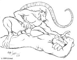 1990s 1999 20th_century anthro ass balls duo erection genitals grimal gtskunkrat hot_dogging long_tail lying male male/male mammal murid murine muscular on_front penis rat rodent ursid whiskers