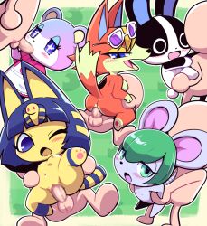 animal_crossing ankha ankha_(animal_crossing) anthro audie_(animal_crossing) blue_eyes blush breasts bree_(animal_crossing) canid canine canis censored chibi clothed clothed/nude clothing cowgirl_position dotty_(animal_crossing) eyewear eyewear_on_head faceless_character faceless_male felid feline fellatio female from_front_position full_nelson fur genitals glasses glasses_on_head green_hair group hair human human_on_anthro judy_(animal_crossing) lagomorph leaf leporid looking_back male male/female mammal mosaic_censorship mouse murid murine nintendo nollety nude on_bottom on_top open_mouth oral orange_body orange_fur penetration penile penis pussy rabbit reverse_cowgirl_position rodent sex smile ursid vaginal_penetration video_games wolf yellow_body yellow_fur