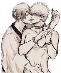 2boys bandages blindfold blush bondage bondage chain_leash chains clothed_male_nude_male collar drugs french_kiss gay gintama gintoki_sakata handcuffs handjob kimono kissing looking_at_another male male_only monochrome nude_male pill restrained shackles takasugi_shinsuke yaoi