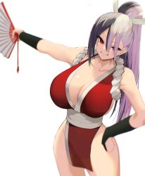 alternate_hairstyle armadillo armadillo-tokage big_breasts cleavage cosplay curvy fan hand_on_hip huge_breasts king_of_fighters looking_at_viewer mai_shiranui mai_shiranui_(cosplay) multicolored_hair ponytail red_eyes satou_daiji towa_(towa_akqj10) virtual_youtuber