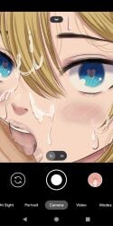 1girls anal_creampie anal_cum_expulsion bangs blue_eyes camera cum_on_face datsu hayasaka_ai heart-shaped_pupils kaguya-sama_wa_kokurasetai_~tensai-tachi_no_renai_zunousen~ licking_penis looking_at_camera looking_at_viewer penis_on_face pov precum saliva stuffed_mouth tagme taking_picture