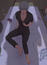 barefoot bedroom_eyes blush bulge cleavage clothed condom_in_mouth condom_wrapper erection_under_clothes futon gay gintama gintoki_sakata high-angle_view imminent_sex indoors looking_at_viewer male male_only messy_hair pecs plushie popped_collar pov red_eyes shadow sitting smile solo_focus takasugi_shinsuke tatami tenting tissue_box undressing unzipping white_hair yaoi