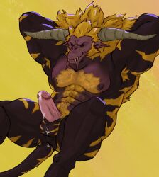 absurd_res anthro armpit_hair body_hair capcom charcoal_inpachi chest_hair erection genitals hairy hi_res horn leaking male mane monster_hunter muscular nipples primatius pubes rajang solo stripes video_games