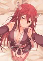 1girls armpits bare_thighs big_breasts breasts cleavage cordelia_(fire_emblem) elbow_gloves eyelashes eyeliner female female_only fire_emblem fire_emblem_awakening from_above garter_belt garter_straps gloves hair_between_eyes hair_ornament hi_res kneeling large_breasts lingerie lololotton long_hair looking_at_viewer looking_up makeup nintendo on_bed reaching_out red_eyes red_hair smile solo stockings thighhighs thighs very_long_hair