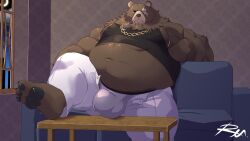 2022 anthro belly ben_(zenless_zone_zero) ben_bigger big_belly bottomwear brown_body bulge clothing detailed_background feet flaccid furniture inside male male_only mammal mihoyo overweight overweight_male pants reclamon scar sofa solo underwear ursid zenless_zone_zero