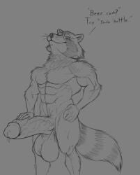 5_fingers abs anthro anthro_only balls biceps big_balls big_muscles big_penis biped bodily_fluids english_text erection featureless_chest fingers fur genital_fluids genitals greyscale guardians_of_the_galaxy hand_on_penis hi_res huge_balls huge_cock humanoid_genitalia humanoid_penis kajy looking_at_viewer male male_only mammal marvel monochrome muscular muscular_anthro muscular_male nude pecs penis precum procyonid raccoon rocket_raccoon simple_background smile solo standing text vein veiny_penis