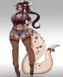 1girls absurd_res big_breasts blue_eyes boob_window brown_hair clothing cow_ears cow_girl cow_horns cowboy_outfit female female_only freckles full_body horns inkbuns long_hair looking_at_viewer narrowed_eyes pointy_ears ponytail solo tail thick_thighs