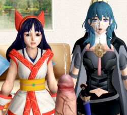 1boy 2girls 3d big_breasts busty byleth_(fire_emblem) byleth_(fire_emblem)_(female) crossover cum cum_on_face female female_focus fire_emblem fire_emblem:_three_houses looking_pleasured male midriff multiple_girls nakoruru navel nintendo ponhiki samurai_shodown small_breasts smile xnalara