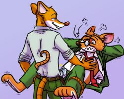 anthro barkinbin bodily_fluids bulge clothed clothing duo flustered frottage gay genital_fluids geronimo_stilton geronimo_stilton_(series) hi_res lying male male/male male_dominating_male mammal masturbation mouse murid murine on_back partially_clothed precum rodent selfcest sex square_crossover